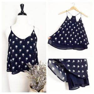 Papaya Palm Tree Tank Print Navy Blue Flowy Layered Spaghetti Strap Swing Tank